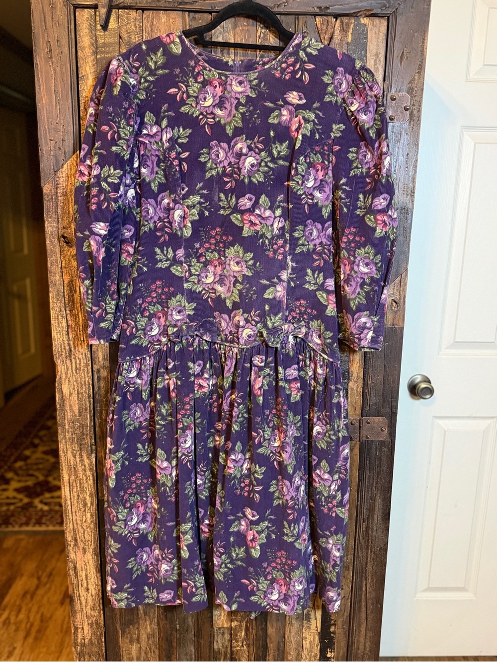 VTG 90s My Michelle Purple Floral Corduroy drop waist Dress Rose Print Bows